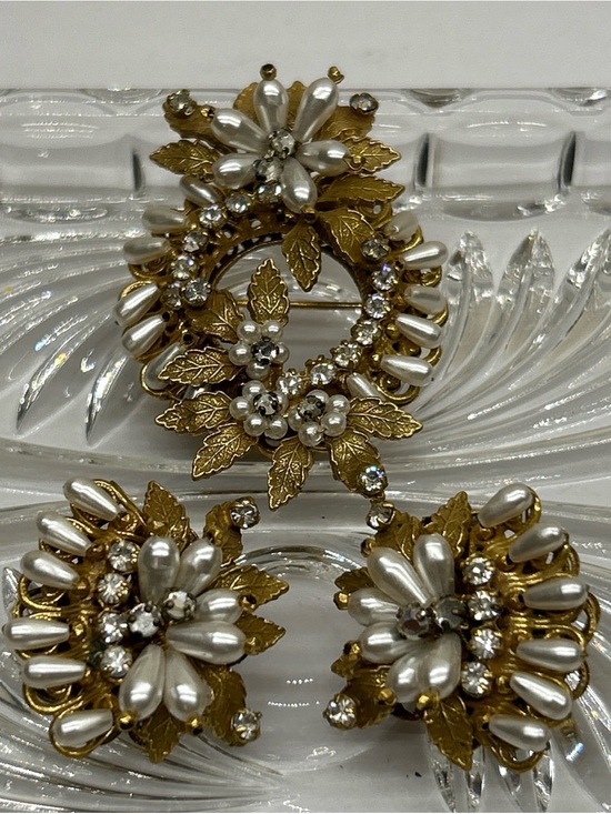 Original By Robert Jewelry - Vintage Original By Robert Faux Pearl and Rhinestone Brooch and Clip-On Earrings